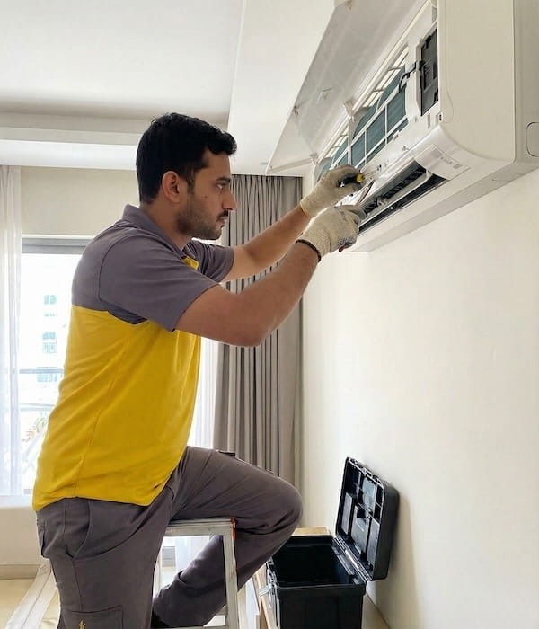 Our Technician on a ladder uses a screwdriver for split unit HVAC work, ensuring the system is ready for AC cleaning Dubai.