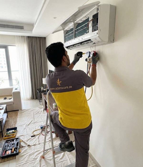 Checking a split unit with a manifold gauge, this technician performs precise HVAC work for AC cleaning Dubai residents trust