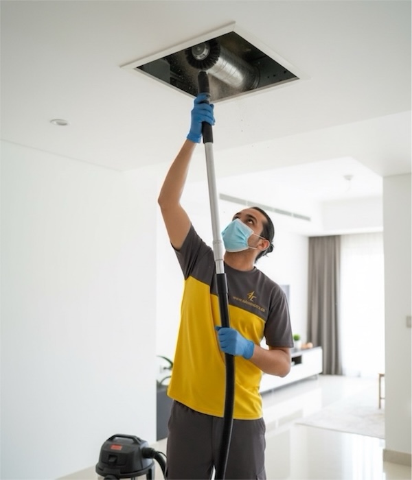 Our technician uses an electric vacuum brush for duct cleaning, providing professional HVAC work in Dubai.