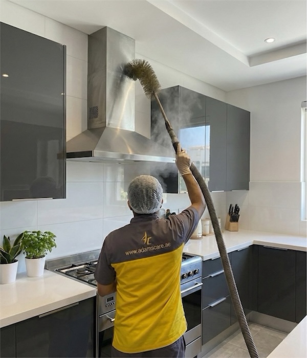 123 Our specialist uses a vacuum-linked rotating brush for kitchen hood maintenance, a vital part of AC cleaning Dubai services.