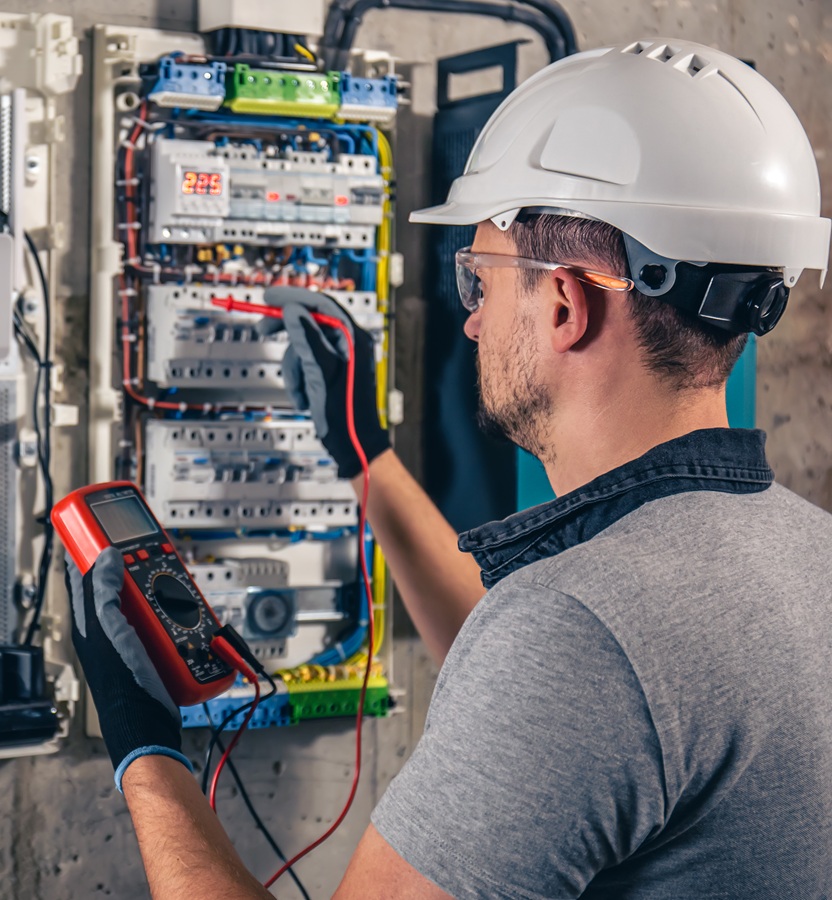 Inspection, maintenance, and repair of fixed electrical fittings, wiring, outlets, and circuit breakers.