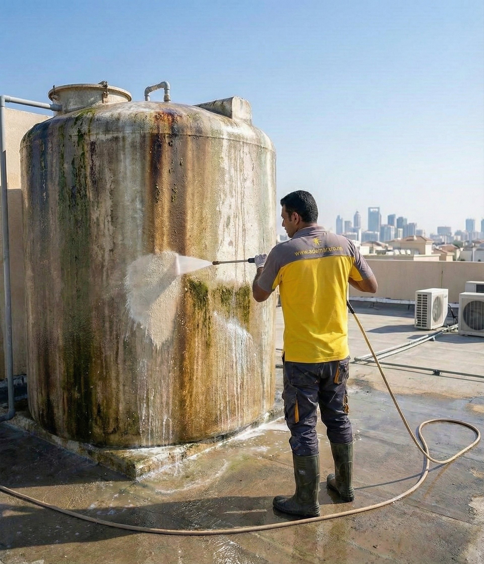 Professional rooftop water tank cleaning service being performed with high-pressure washing