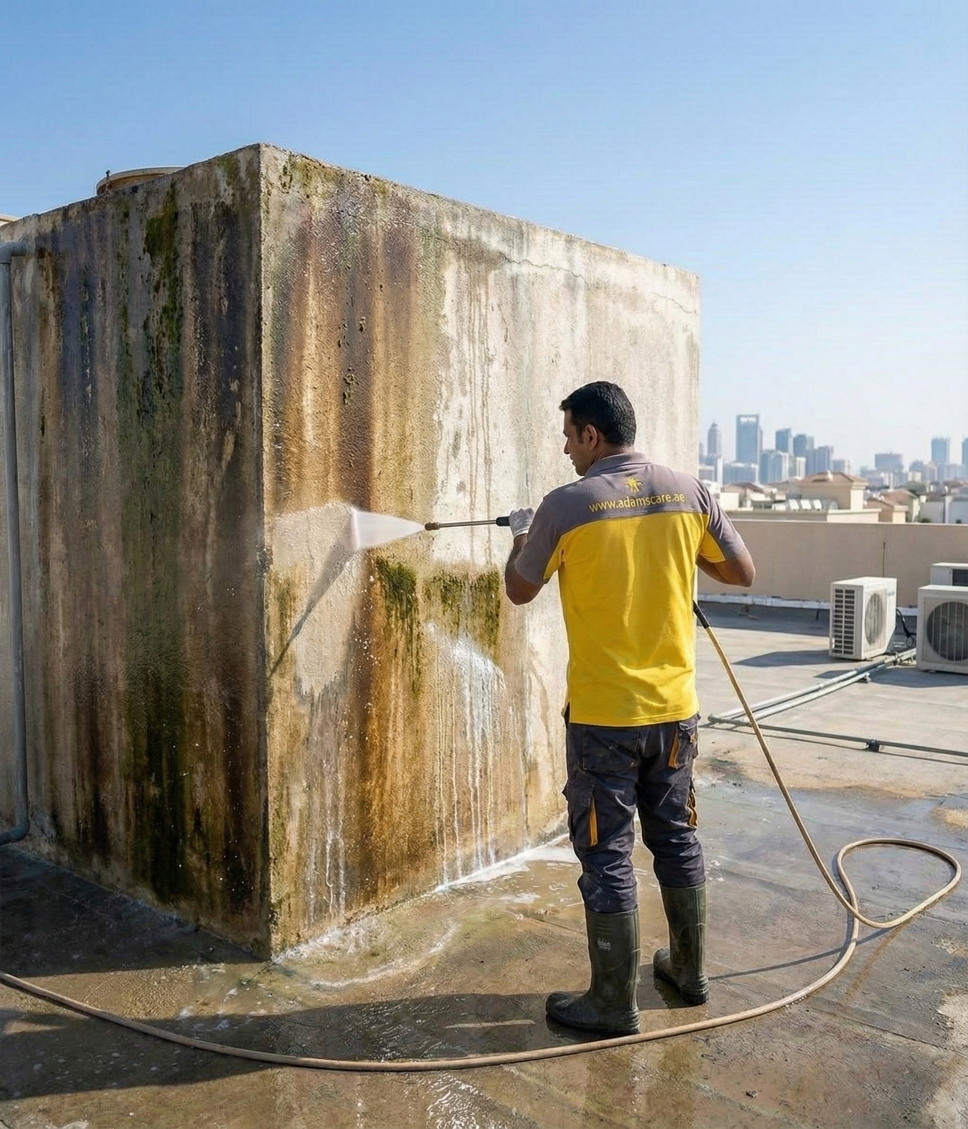 Professional rooftop water tank cleaning service being performed with high-pressure washing