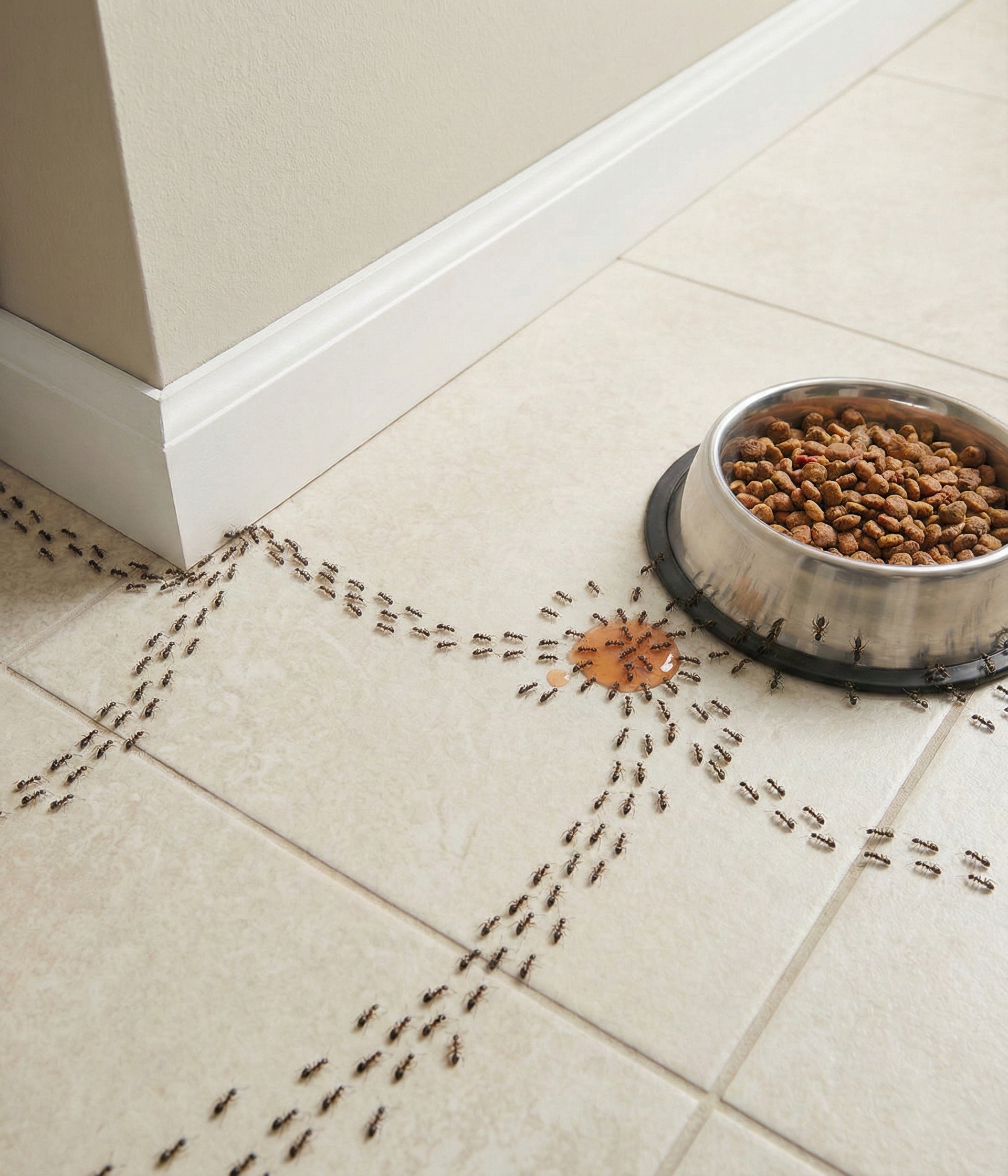 Ant infestation on kitchen flooring near pet food requiring targeted pest treatment.