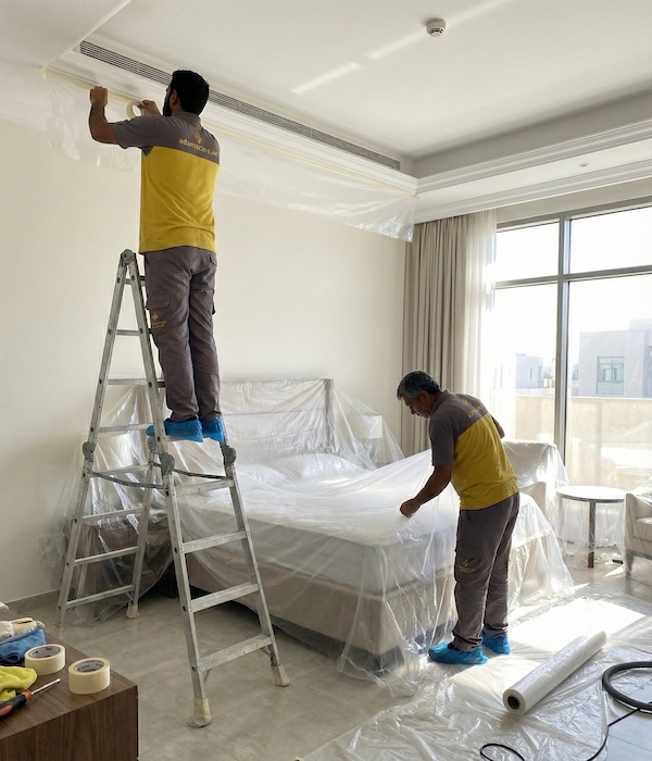 Preparing a home for painting with full masking, as part of our professional painting services in Dubai.