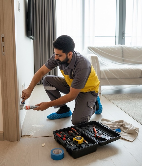 Our team while doing precision painting work on a baseboard as part of expert painting services in Dubai.