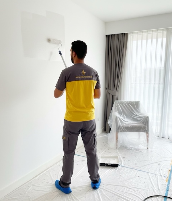 Wall renewal in progress by our trusted painting services in Dubai, with full protection and clean setup.