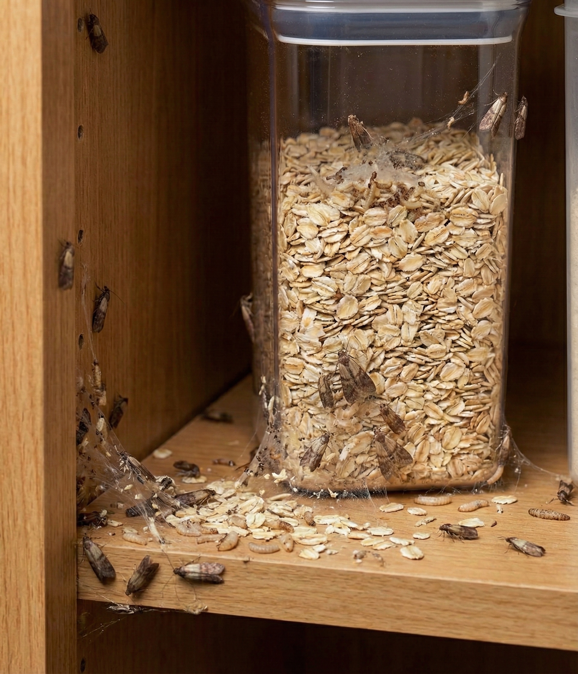 Pantry moth infestation in food storage area requiring professional pest control.