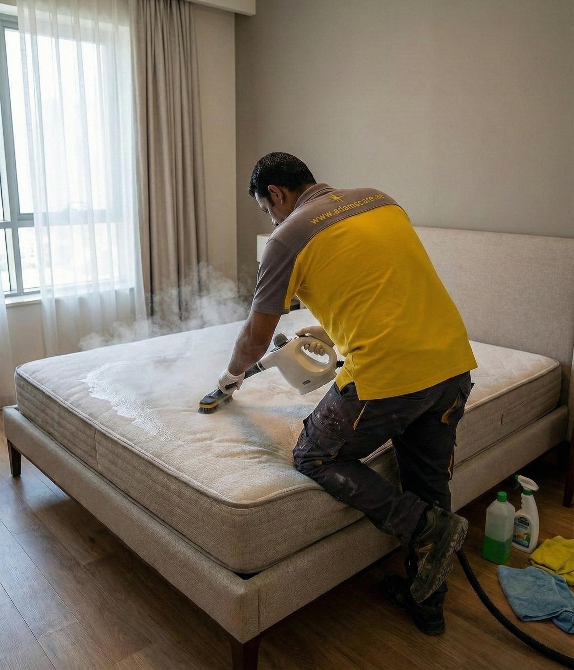Professional mattress steam cleaning service being performed by a technician in a modern bedroom setting.