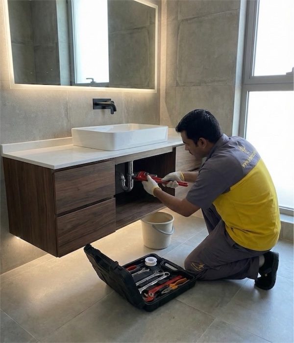 A plumber does expert work on a Dubai bathroom sink using a wrench.