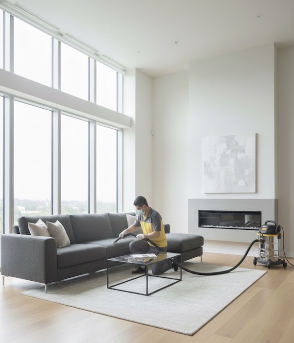 123 Our team uses a vacuum extraction machine to refresh a modern sofa, perfecting a cleaner living space.