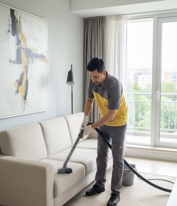 123 Our Technician uses a handheld vacuum attachment to refresh sofa fabric, ensuring a premium, cleaner Dubai residence.