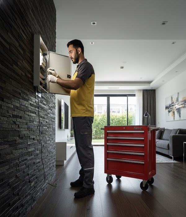 An electrician works on a feature wall electrical panel in Dubai, using a red tool trolley for efficient apartment maintenance.