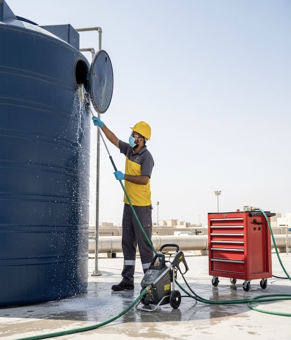 Dubai technician uses a pressure washer on a rooftop water tank to keep the heater supply system pristine and clean