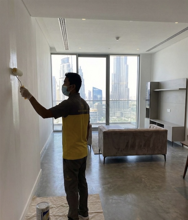 Professional in painting services refreshing a modern high-rise interior.
