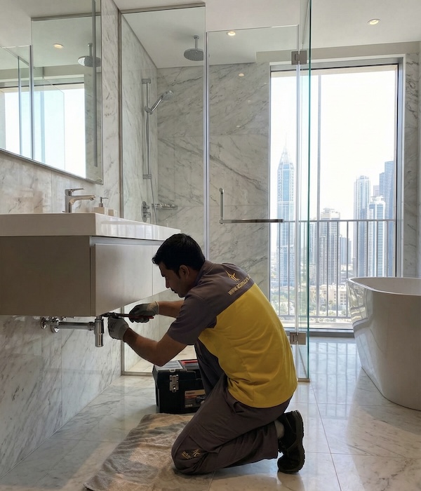 Expert plumbing maintenance work on a modern Dubai vanity using a professional wrench.
