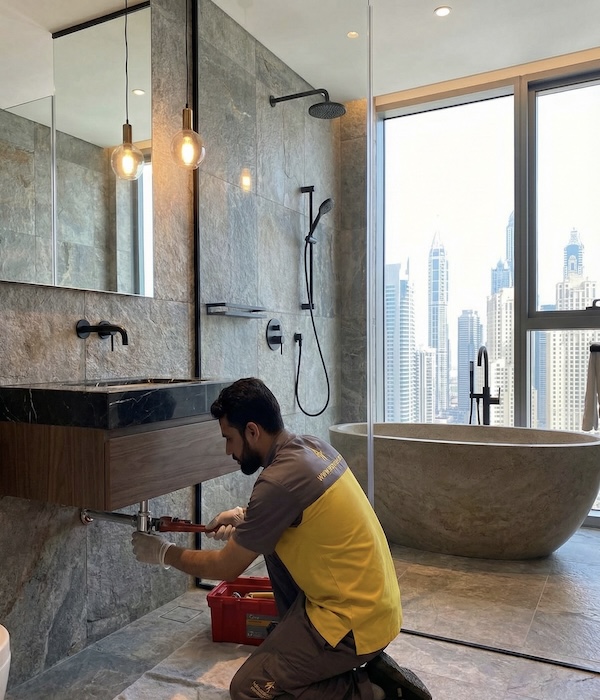 Technician performs plumbing repair work on a modern Dubai bathroom sink using a sturdy pipe wrench
