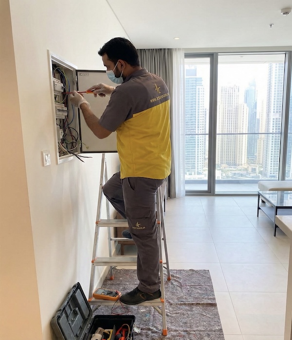 A technician performs electrical work on a living room panel in Dubai, using tools for a precise repair.
