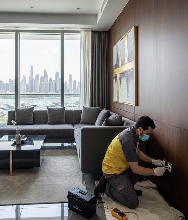 An electrician from Adams care repairs a wall socket in Dubai, performing electrical maintenance work.