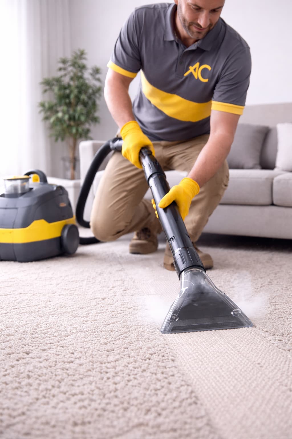 A mattress cleaning specialist is vacuuming a mattress with a handheld vacuum cleaner in a modern, bright room.