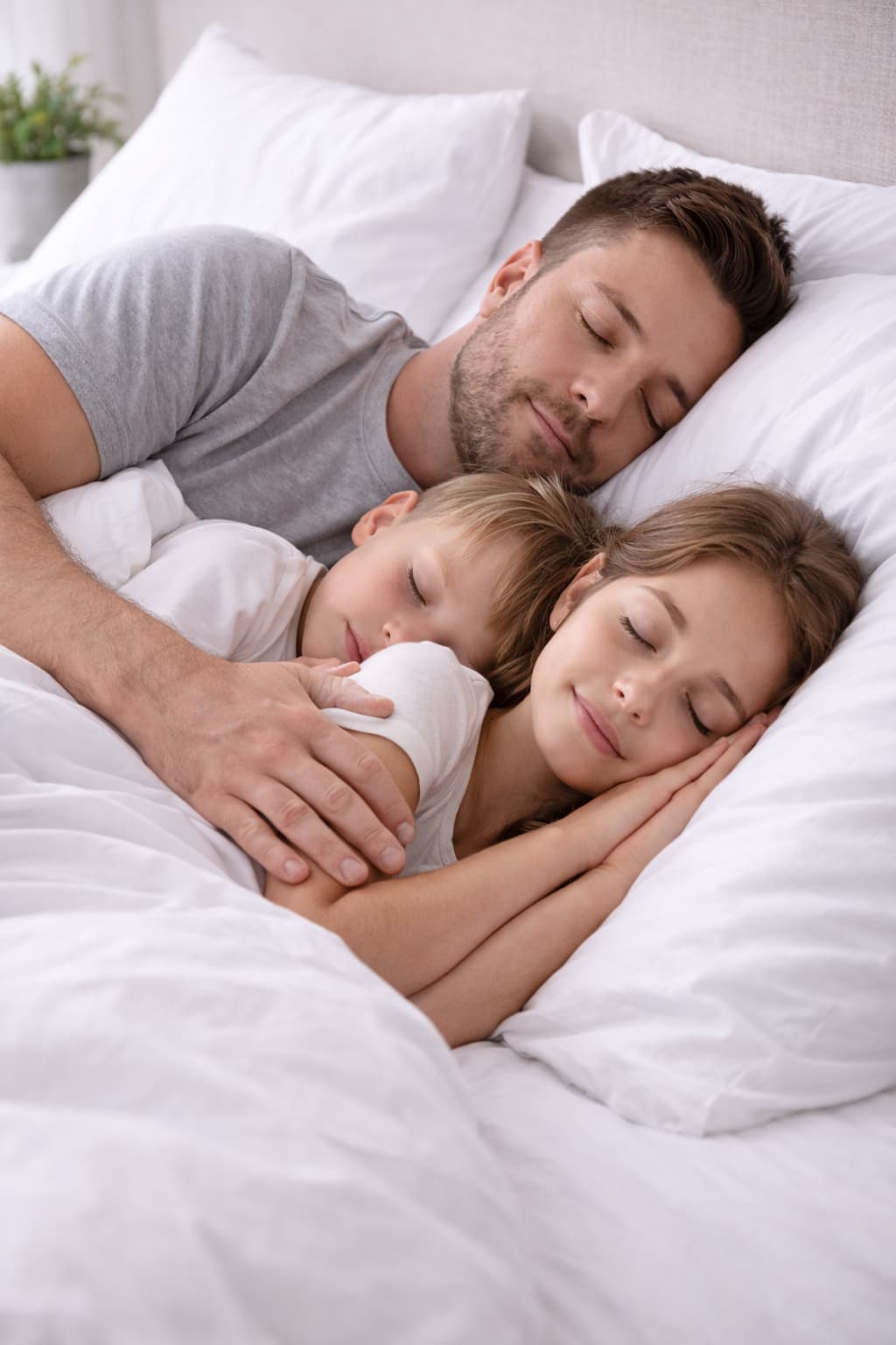 A man with his kids peacefully sleeps on their side, nestled in white pillows and sheets, conveying comfort and tranquility.