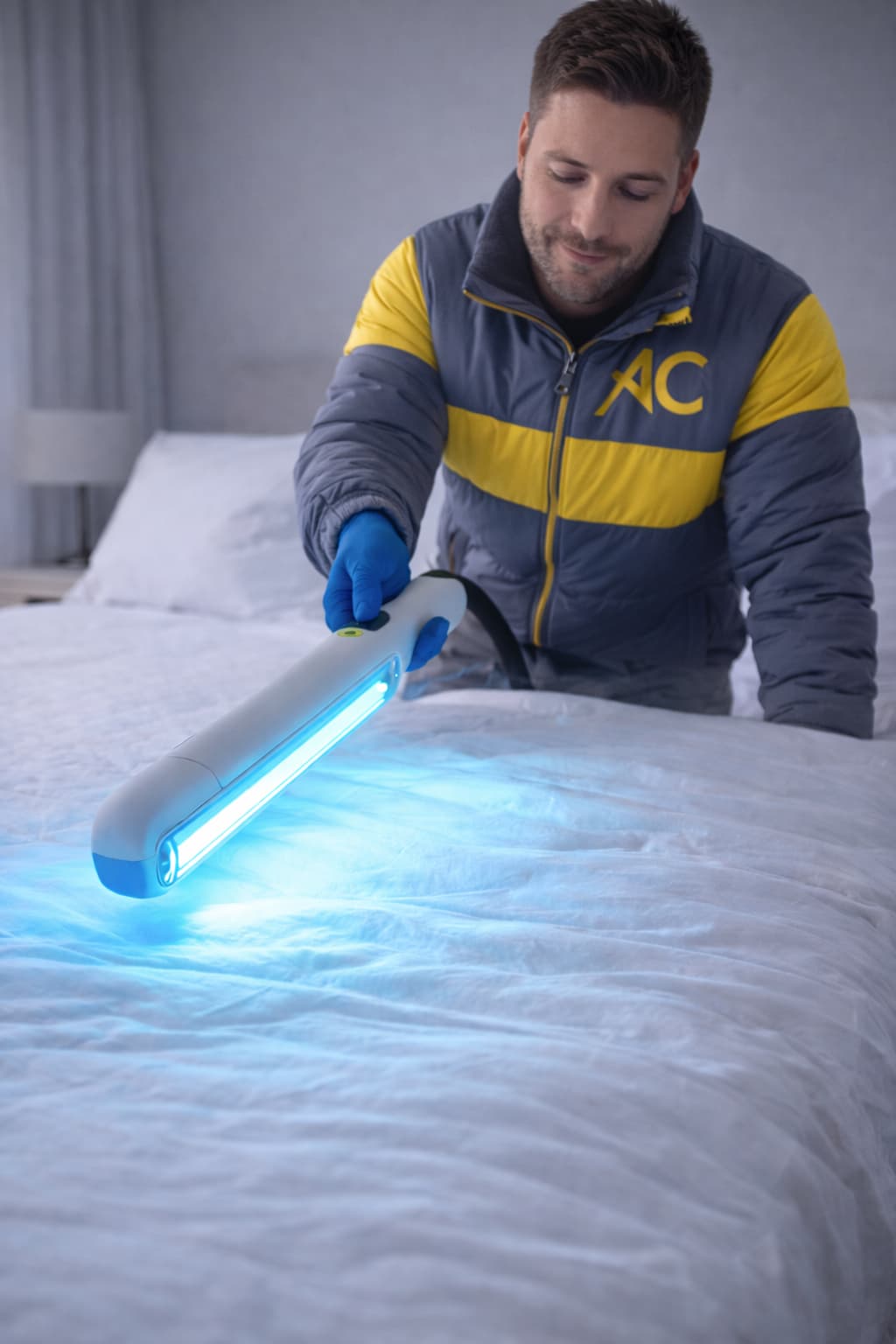 123 A person in protective gear uses a UV-C light machine to sanitise a bed as a finalizing step in mattress cleaning process.