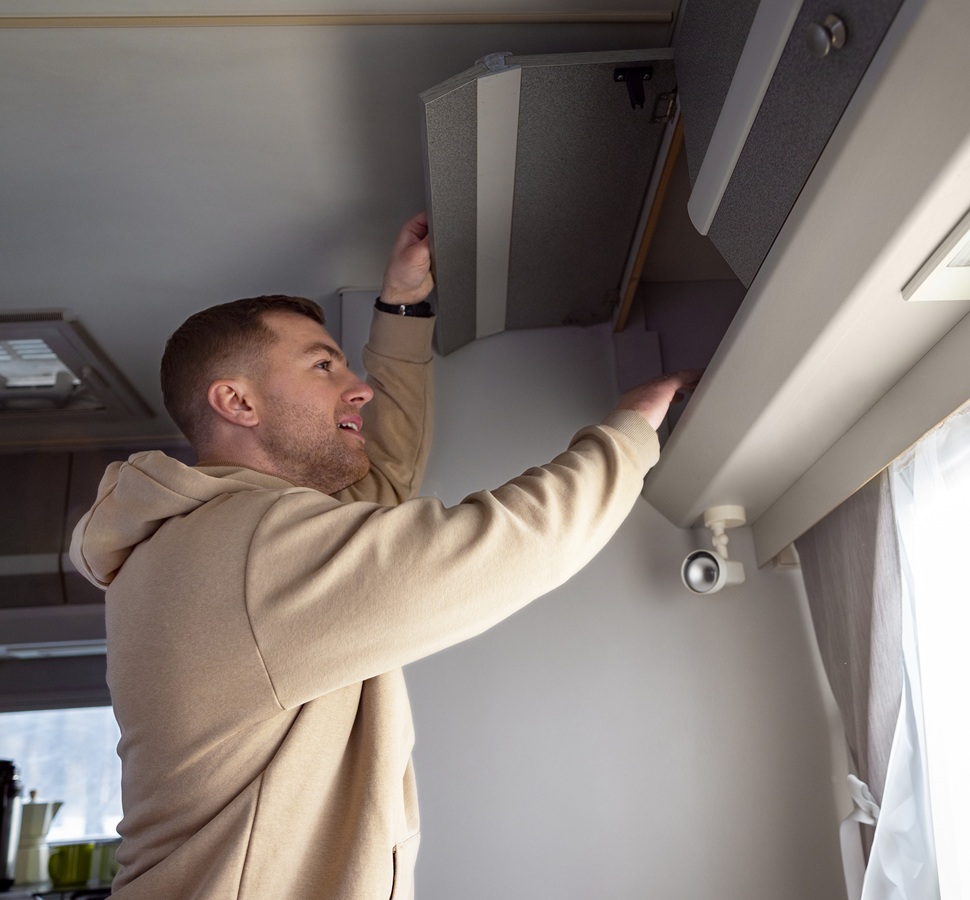 A person in a beige hoodie opens an overhead cabinet inside a well-lit RV kitchen. The scene conveys a sense of casual organisation and preparedness.