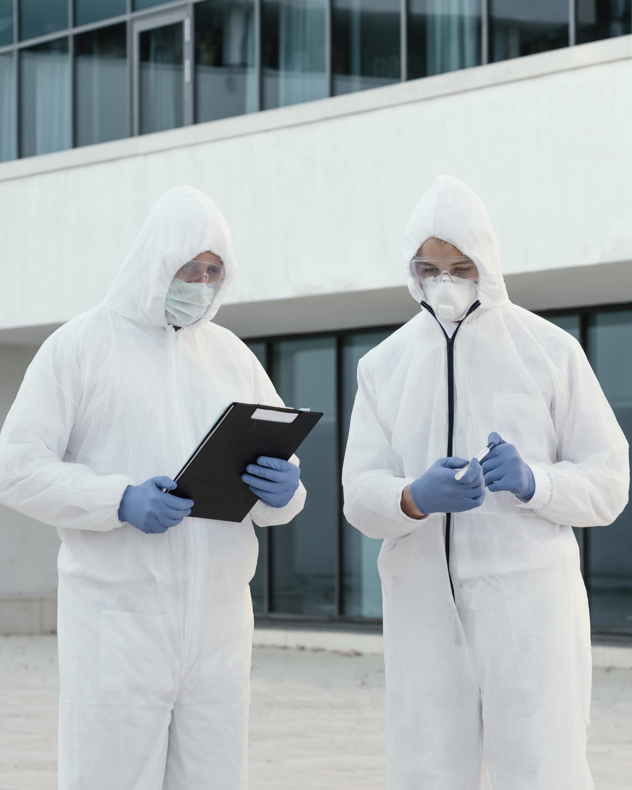 123 Two individuals in white hazmat suits and masks stand outside, looking at a clipboard. They appear focused and analytical, in a modern urban setting.