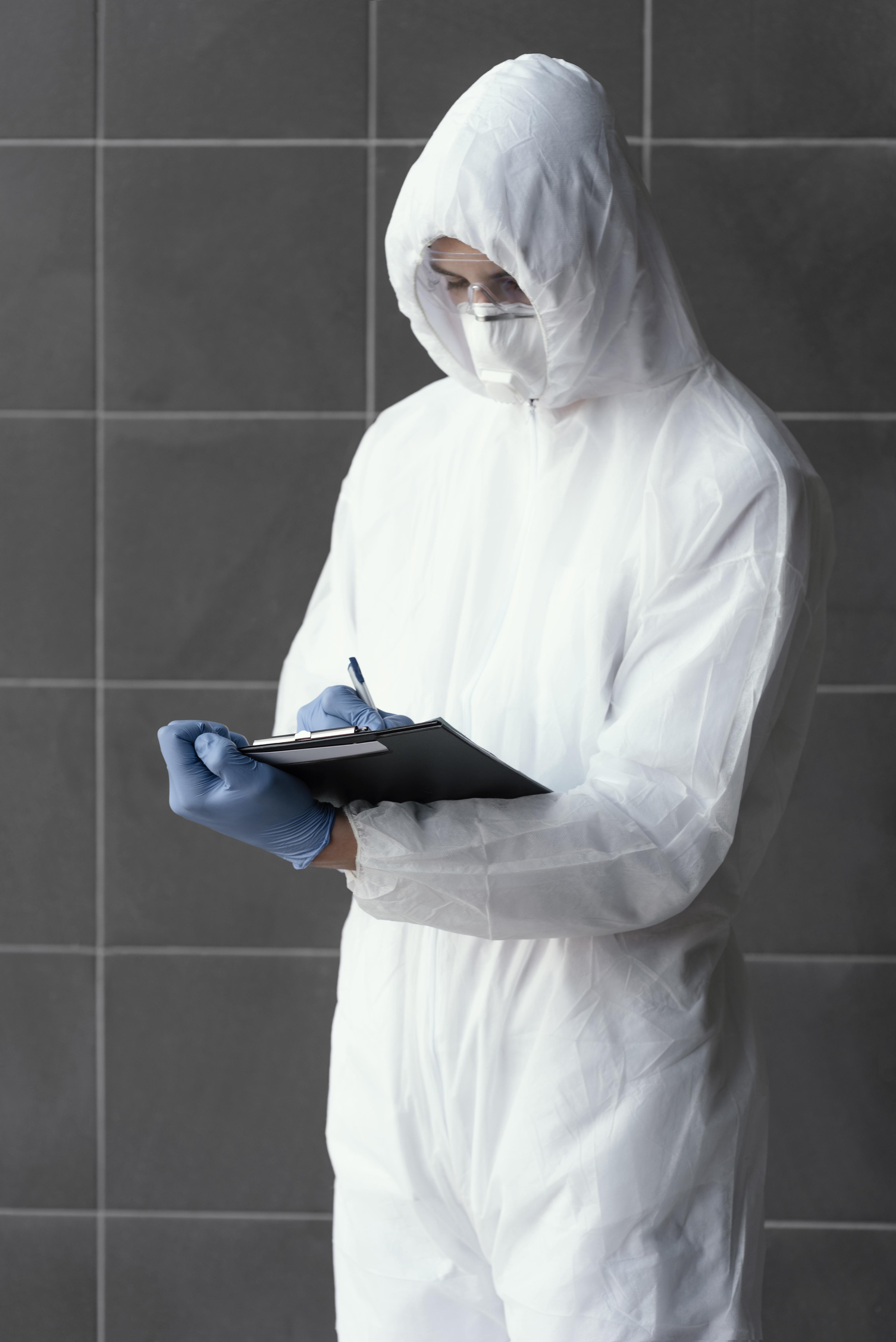 123 A person in a hazmat suit and blue gloves writes on a clipboard. Their face is partially visible through a clear shield. Background features gray tile wall.