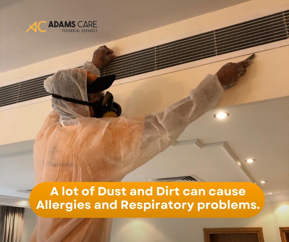 An Adams Care employee cleaning the AC to remove dust and dirt and avoid the air conditioner not cooling issue