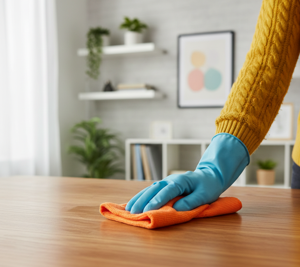A person in a yellow sweater cleans a wooden table with an orange cloth, wearing a glove. The background is a blurred indoor space, conveying a neat atmosphere.