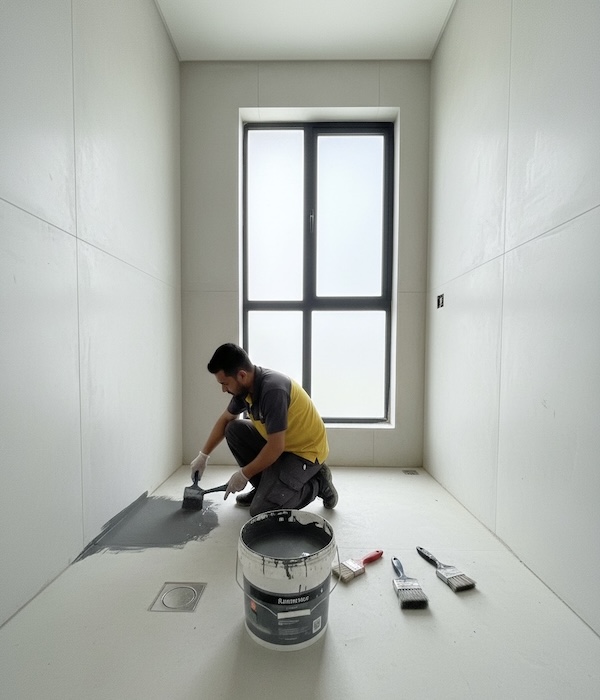 Precise brush work seals a bathroom floor as a pro applies a liquid waterproofing coat amid essential tools.