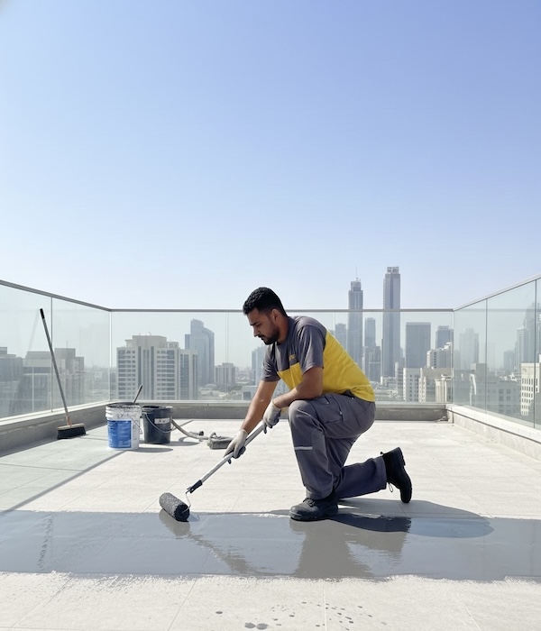 A worker rolls a protective layer onto a high-rise floor; essential waterproofing work with a city skyline view.