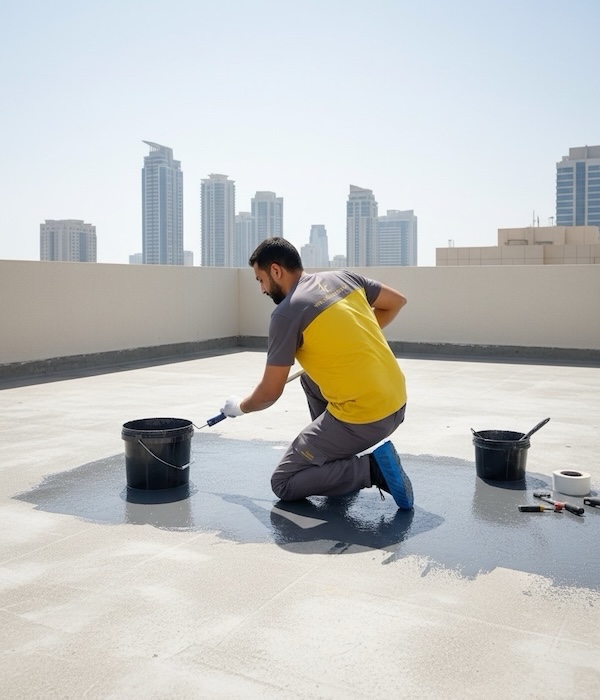 123 A technician in safety gear does detailed rooftop work, rolling a liquid waterproofing seal near supply buckets