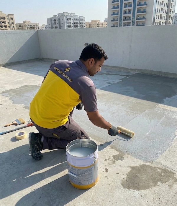 123 An Adams Care pro rolls sealant on concrete; rooftop waterproofing work performed near residential buildings.