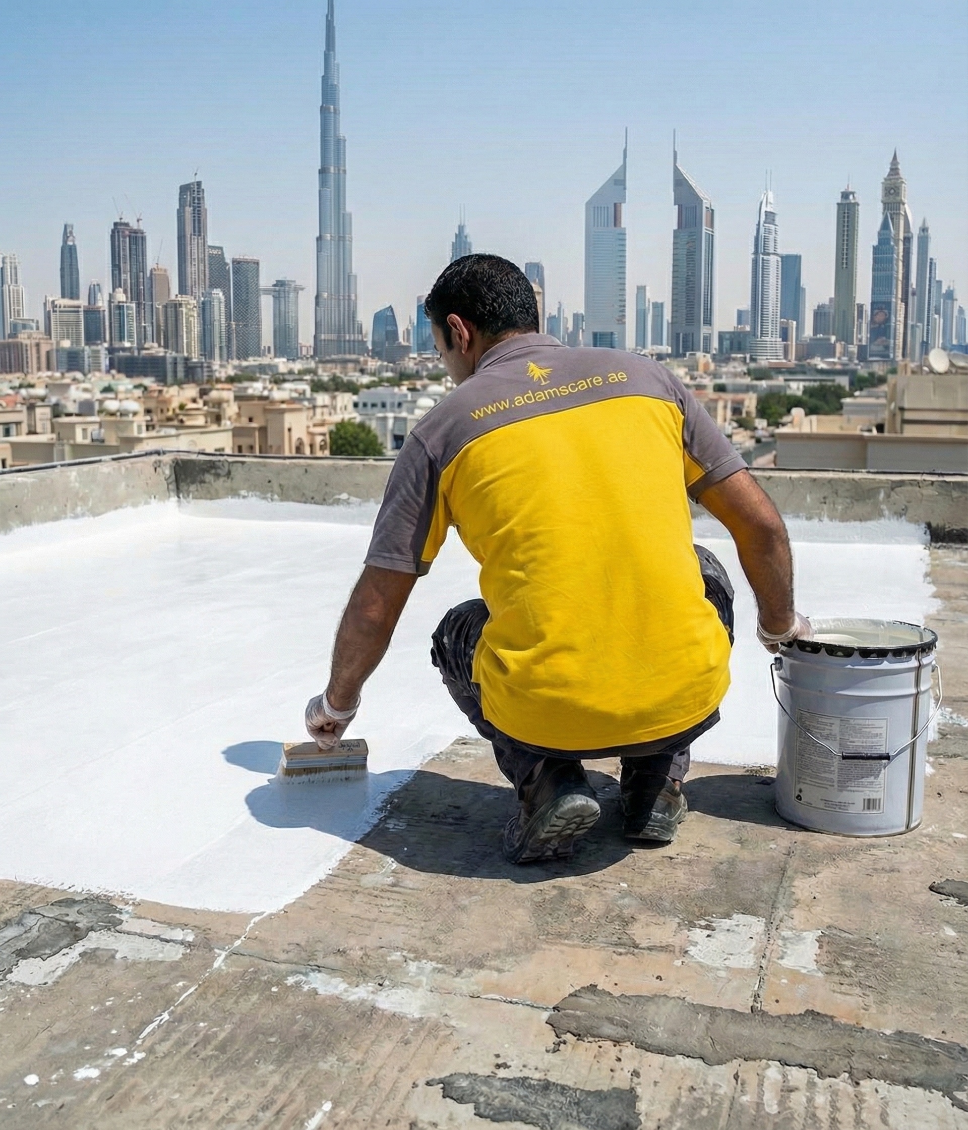 Roof waterproofing service in Dubai featuring white reflective coating application to prevent leaks and heat.