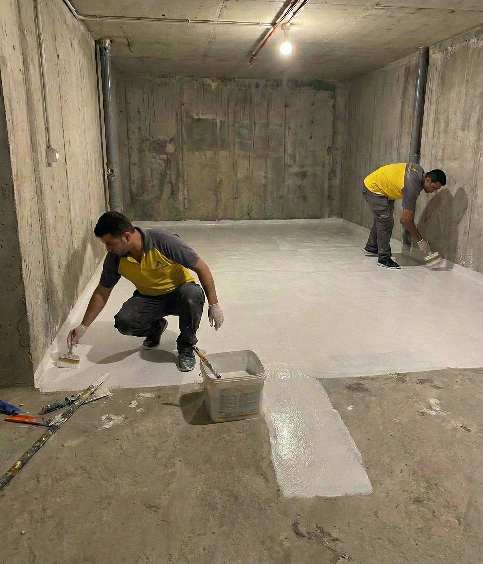 Two-man team applying heavy-duty waterproof floor coating in a large commercial basement area.