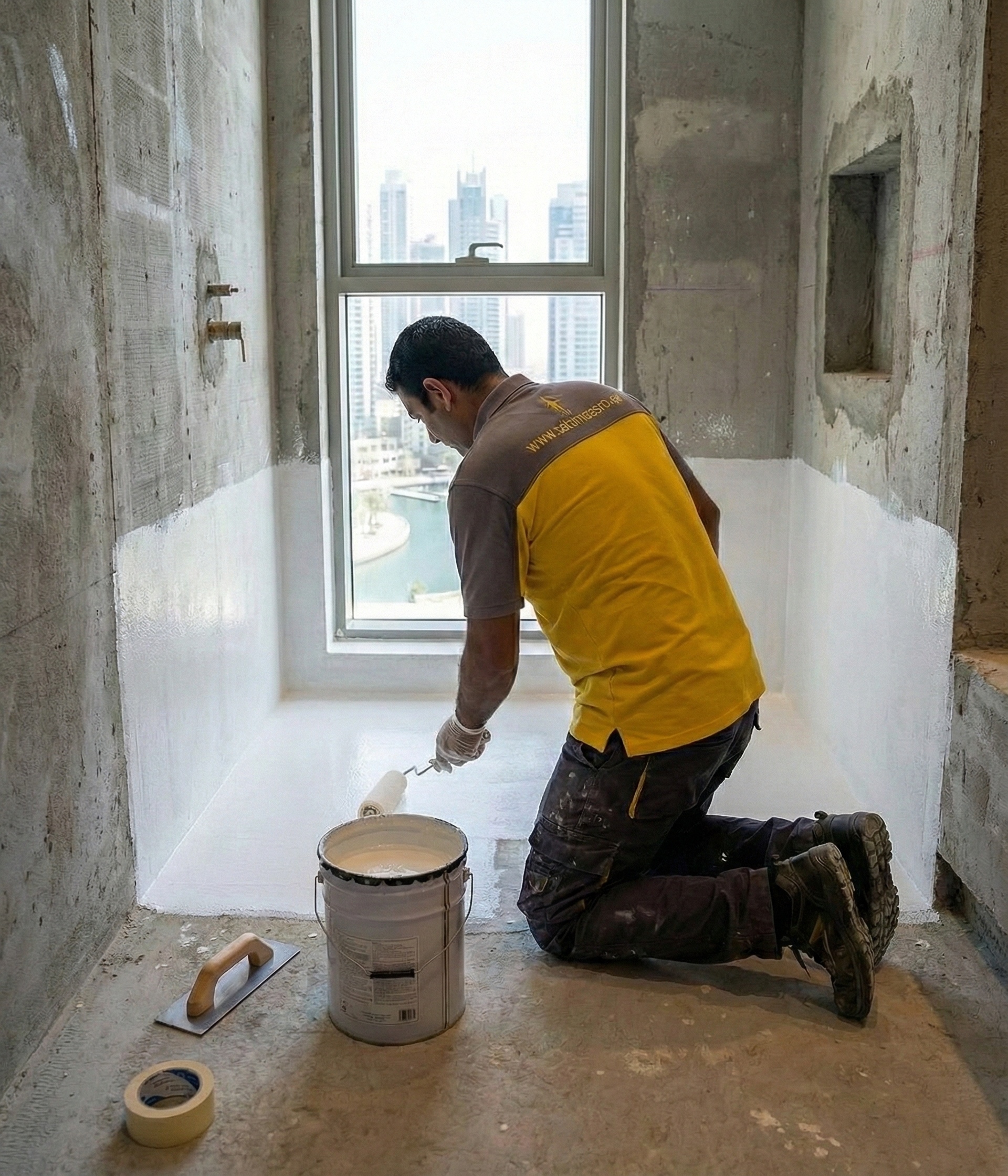 123 Professional applying liquid waterproofing membrane to concrete basement walls using a long-reach roller.
