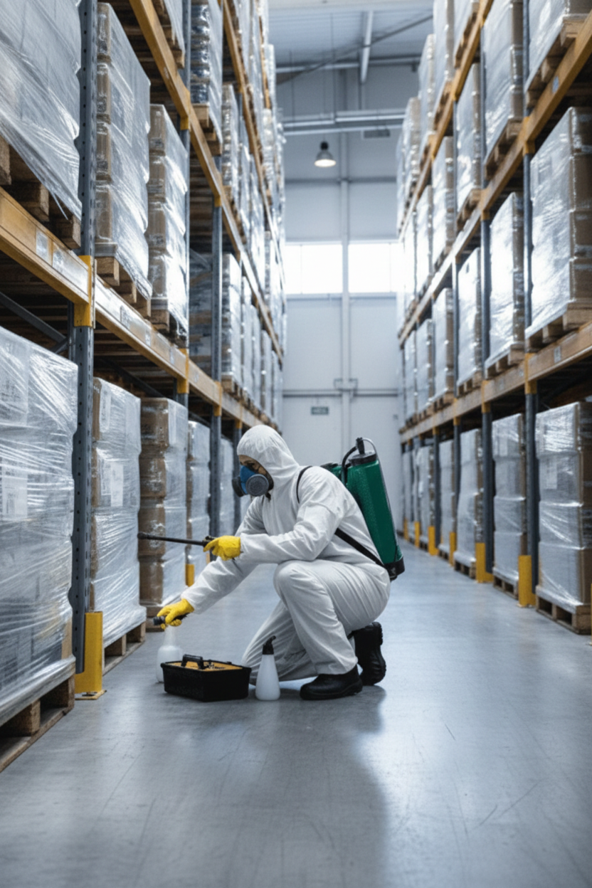 Residential pest control treatment being applied to a bedroom ceiling by a specialist.