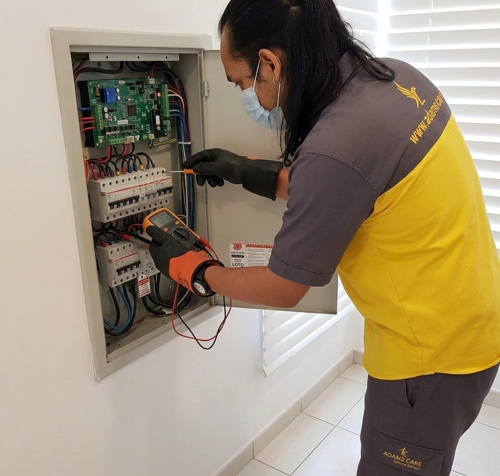 Adams Care’s electrical technician performing repairs on an electrical system.