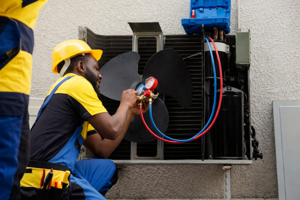 AC refrigerant pressure test on the outdoor condenser unit
