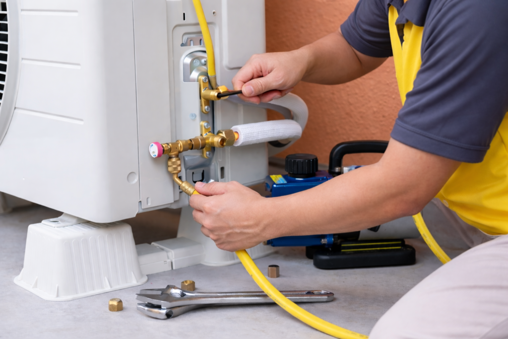 Checking air conditioner refrigerant lines and pressure levels