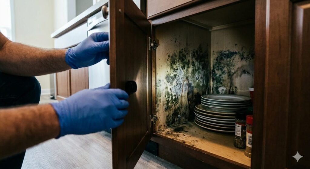Person wearing blue gloves opens a wooden kitchen cabinet door to reveal an extensive mould growth spreading across the interior back wall.