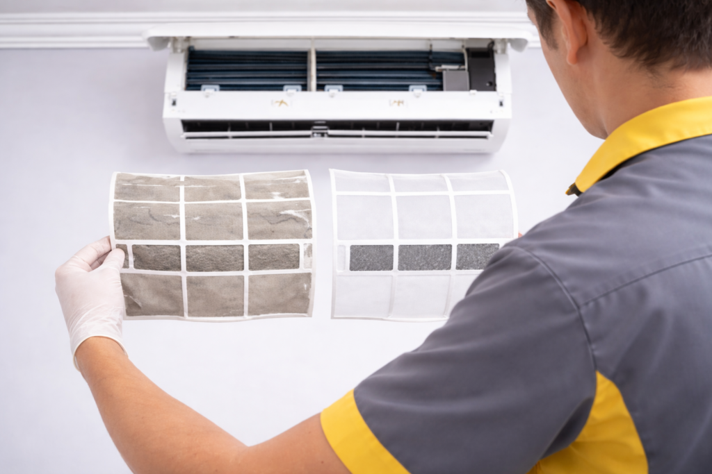 Adams Care technician comparing AC filters to check for possible issues.