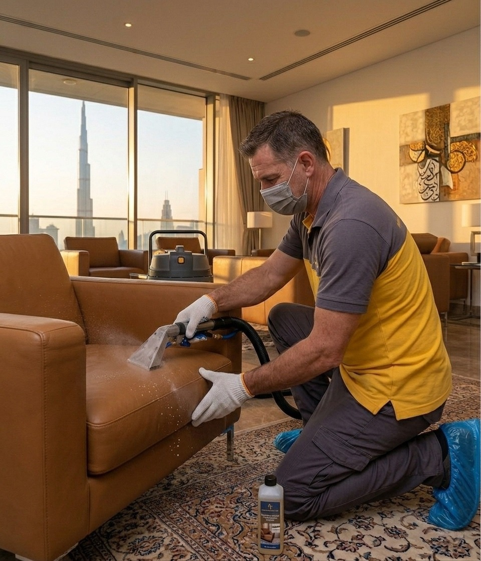 Adams Care cleaning technician deep cleaning leather sofa furniture in a Dubai apartment