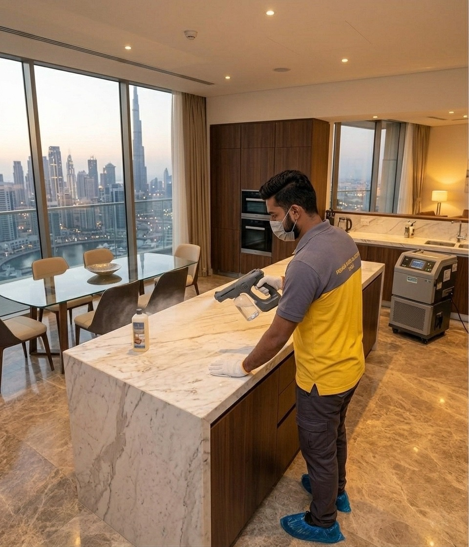 Adams Care cleaning technician disinfecting marble kitchen counter furniture in a luxury Dubai apartment